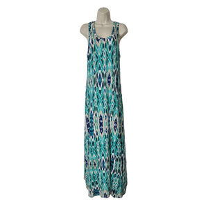 Cynthia Rowley Ikat Beachy Racerback Maxi Dress Medium Aqua Blue Stretch Boho